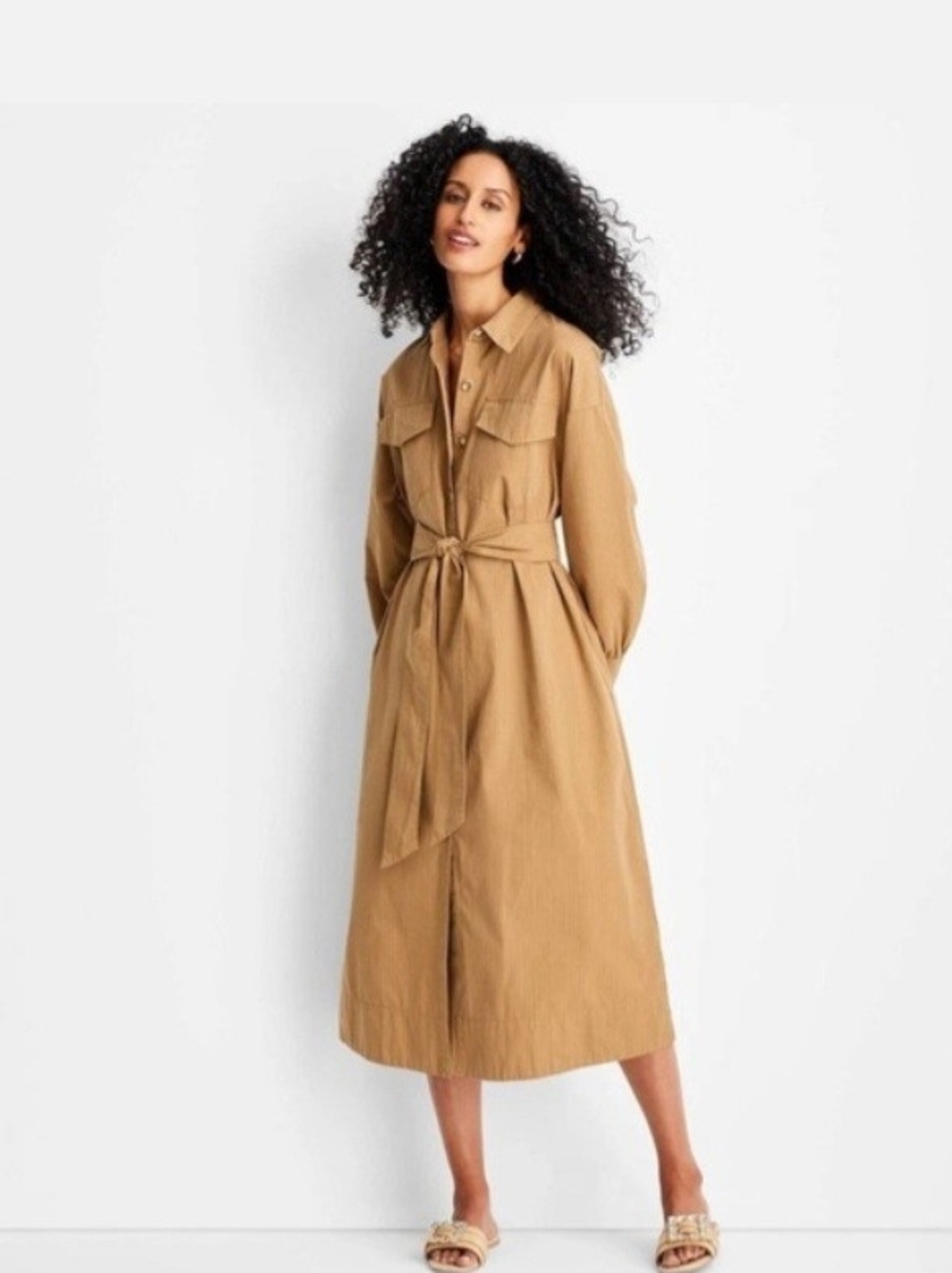 NWOT Future Collective Long Sleeve Button down Dress with belt and side pockets